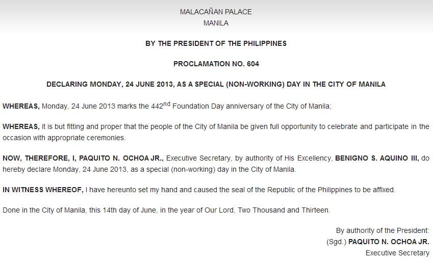 June 24 Manila Holiday Proclaimed by Malacanang PhilNews