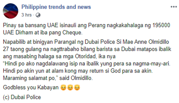 Honest Pinay Ofw Surrenders Lost Cash And Cheque To Dubai Police