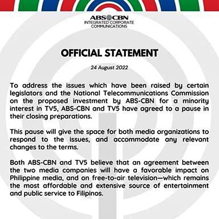 ABS CBN Statement On Issues About Partnership W TV5