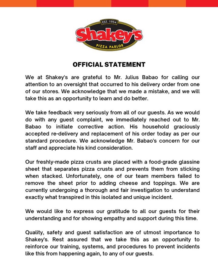 shakeys ph official statement julius babao