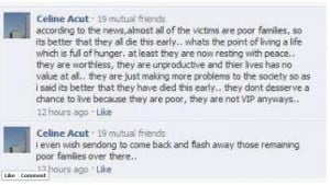 Celine Acut's Insensitive Comment on Facebook about Typhoon Sendong Victims