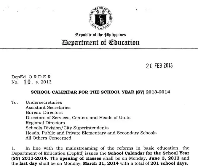 DepEd Released School Calendar for AY 2013-2014 