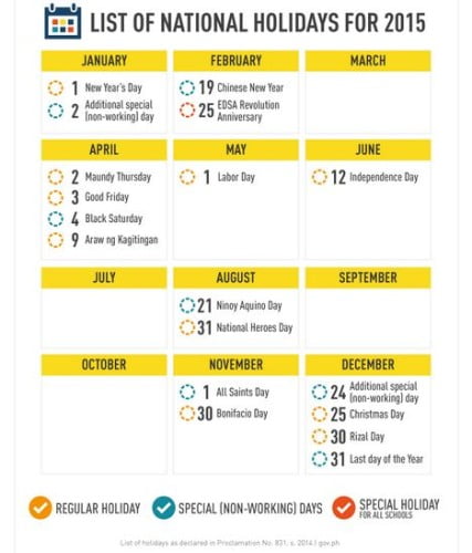 2015 List of Official Holidays Released by Malacanang | PhilNews