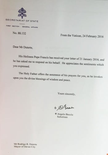 Vatican Letter to Duterte