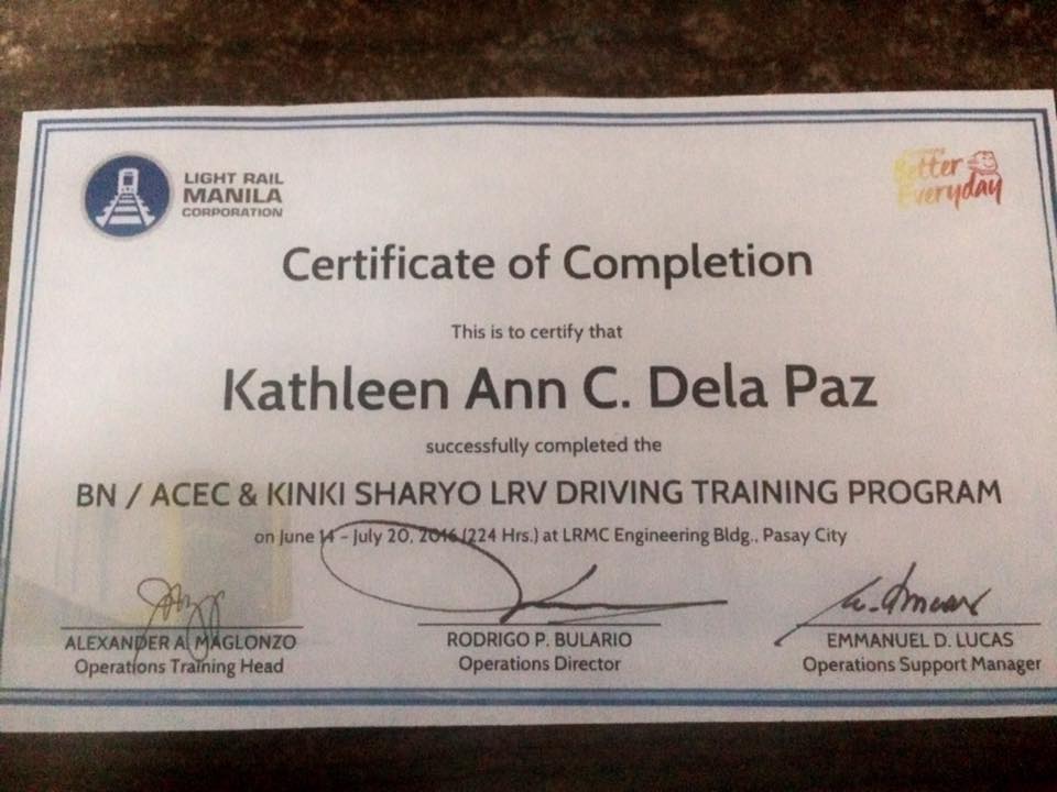 Certificate of Completion for the LRV Training Program Image credits: Kathleen Dela Paz