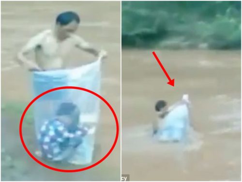 Video footage: Man Wrapping A Child Inside A Big Plastic Bag