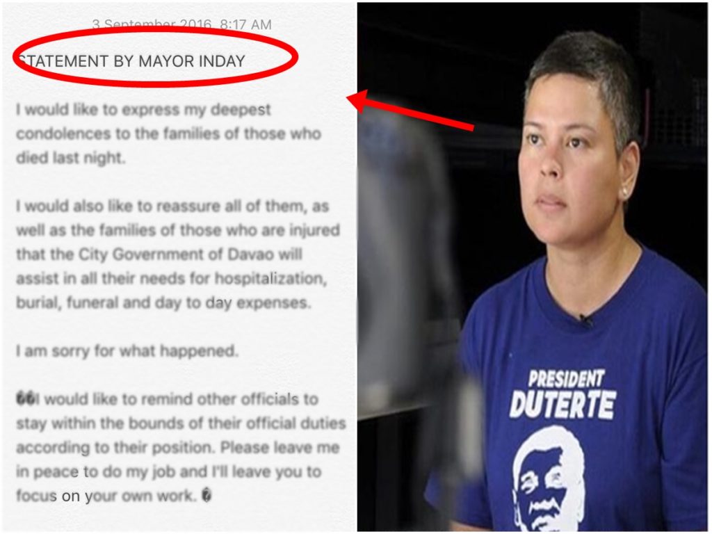 Sara-Paolo Duterte Statements To The Davao City Incident