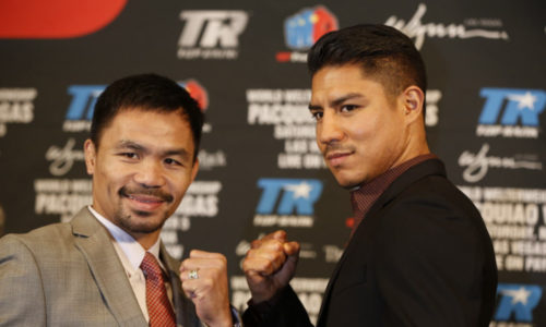 Boxers Manny Pacquiao, left, and Jessie Vargas pose during a news conference in Beverly Hills