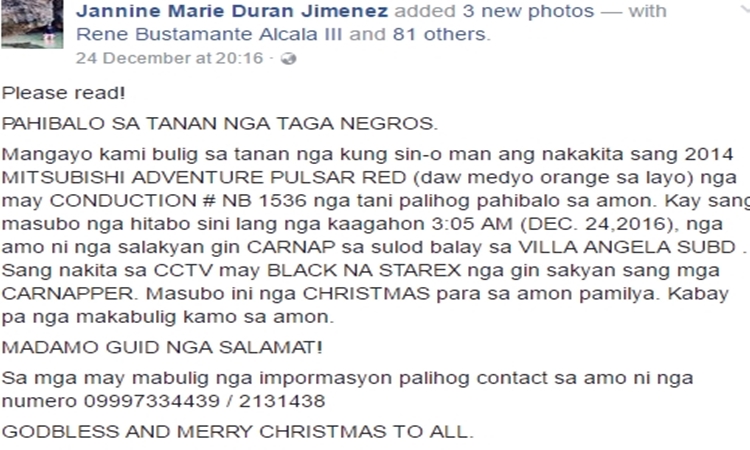 SUV stolen in Bacolod