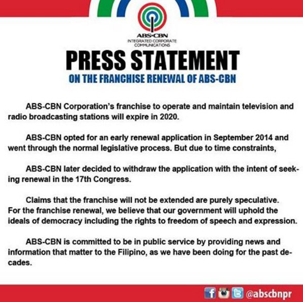 Abs Cbn Issues Official Statement Regarding Franchise Renewal