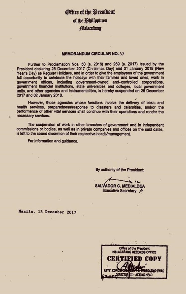 WalangPasok Malacañang Declares Work Suspension On December 26, January 2