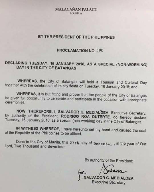 Walangpasok Malacanang Declared January 4 5 10 16 18 Special Holiday In Selected Areas