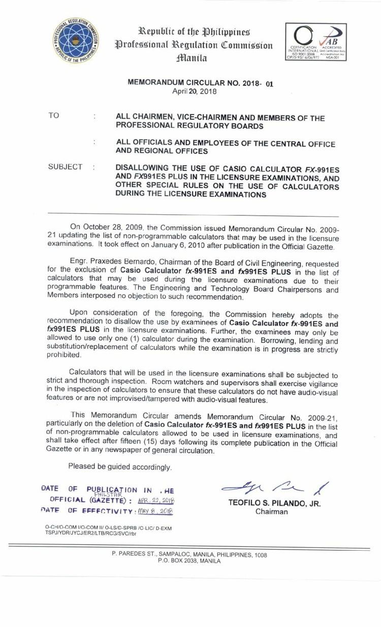 PRC Prohibits Examinees To Use Certain Casio Calculators During Board Exam