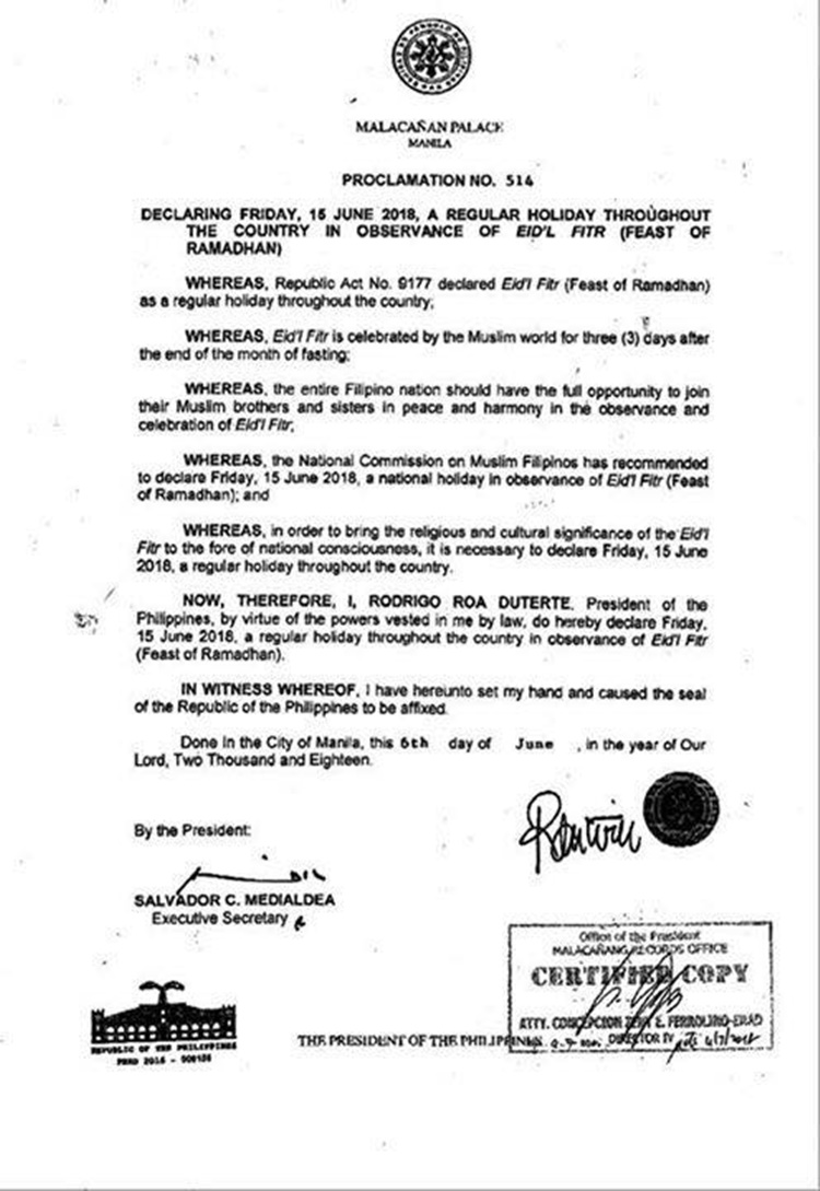 Walangpasok Malacanang Proclamation No 514 Declares June 15 As Regular Holiday