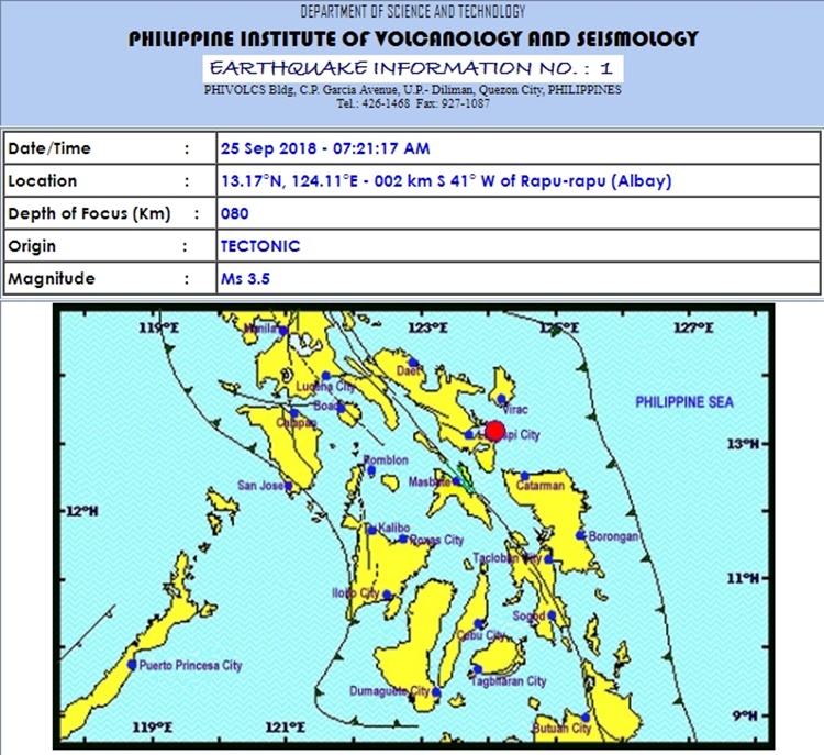 Magnitude 3.5 Earthquake Jolts Rapu-Rapu, Albay