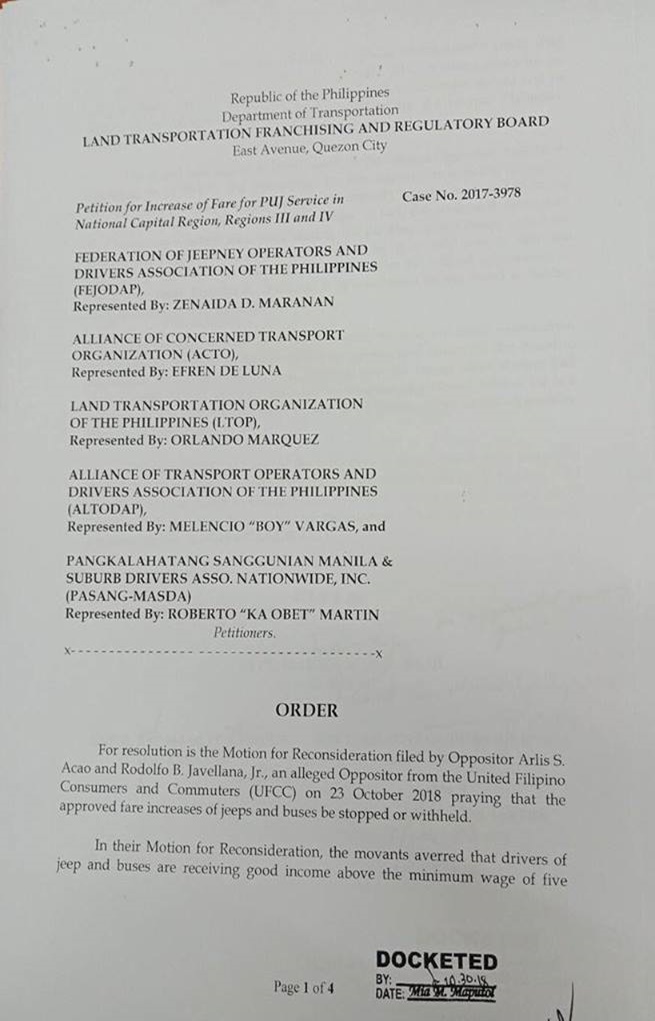 LTFRB Order