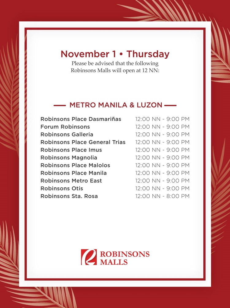 SM & Robinsons Issues Mall Hour Schedules For November 1 (UNDAS)