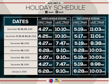 MRT, LRT, PNR Schedule For Christmas, New Year Holidays