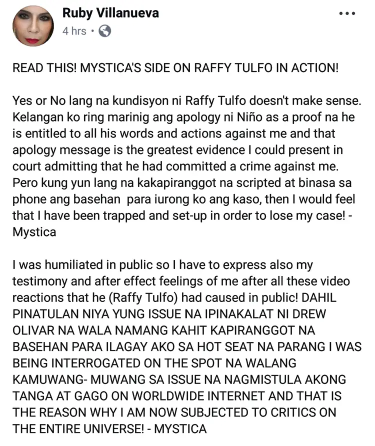 Mystica Slammed Raffy Tulfo