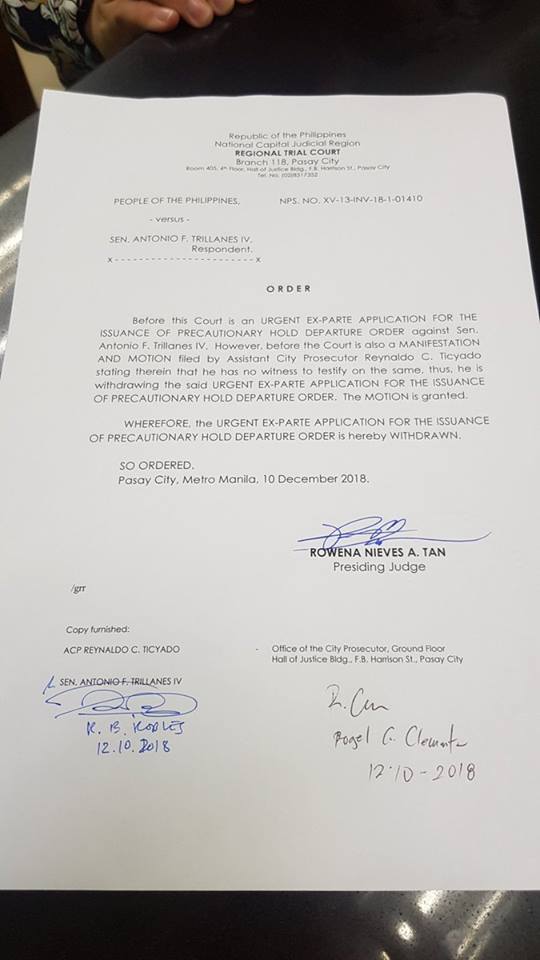 Trillanes Hold Departure Order