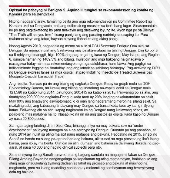 Noynoy Aquino Statement Dengvaxia Issue