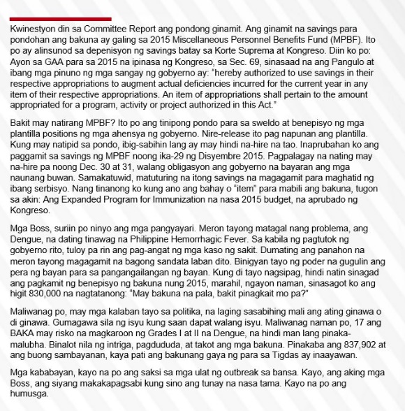Noynoy Aquino Statement Dengvaxia Issue
