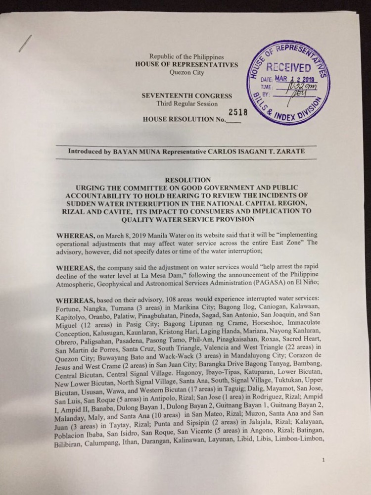 BAYAN MUNA Rep Files House Resolution To Conduct Probe On Sudden Water Interruption