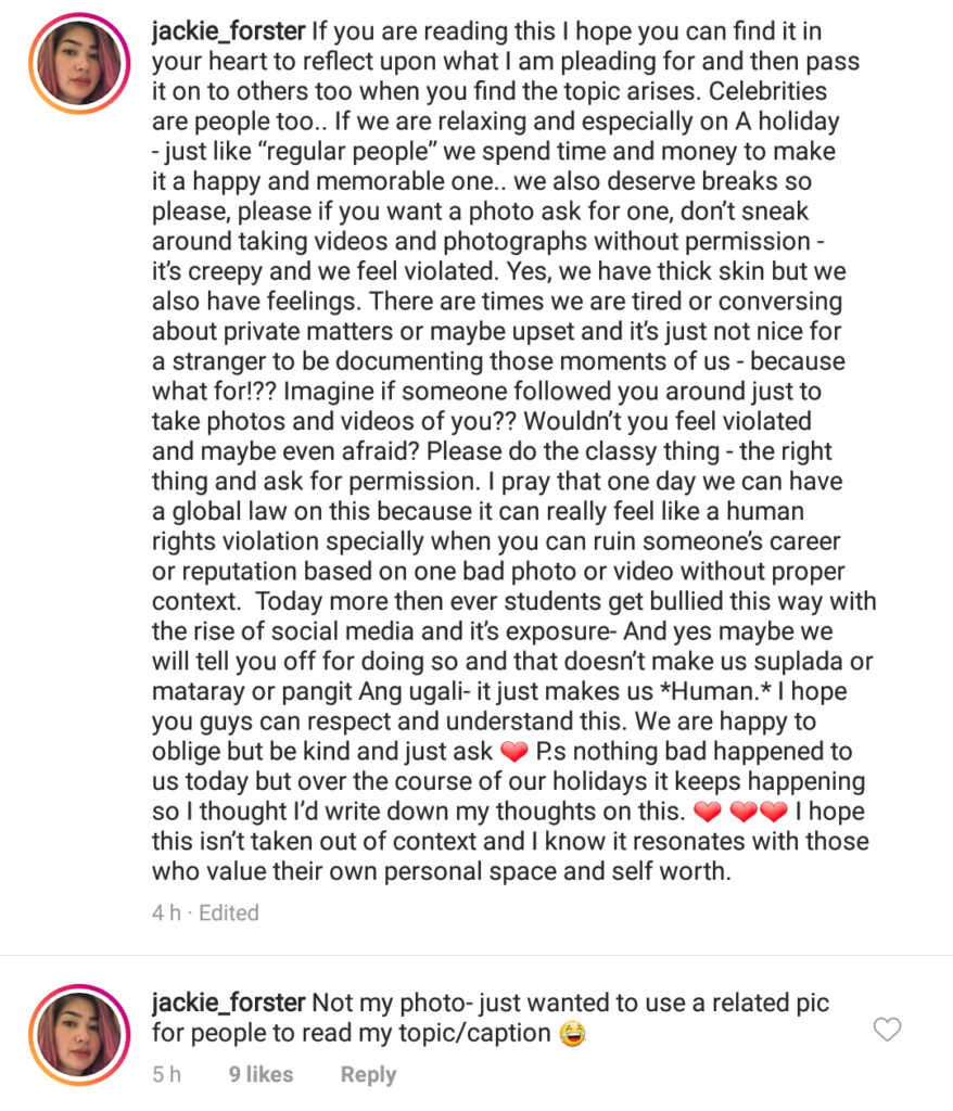 Jackie Forster post on paparazzi fans