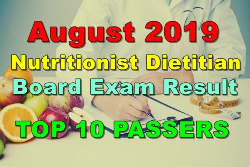 Nutritionist Dietitian Board Exam Result August 2019 - Top 10 Passers