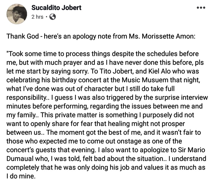 Morissette Amon Apology
