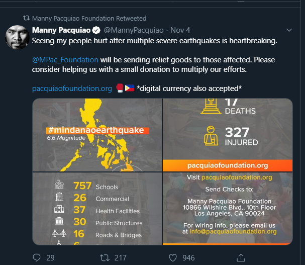 UFC Pres. Dana White Donates To Mindanao Quake Victims Via Pacquiao