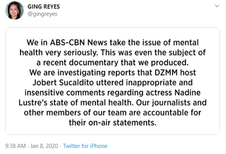 ging reyes statement jobert sucaldito-nadine lustre issue