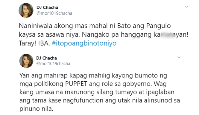 chacha said she believed that bato dela rosa loves duterte more