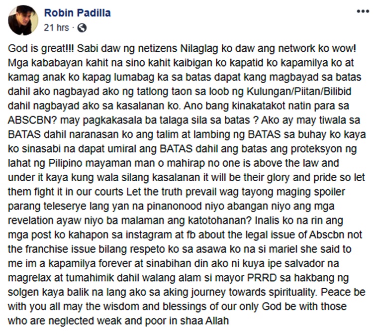 robin padilla fires back to bashers