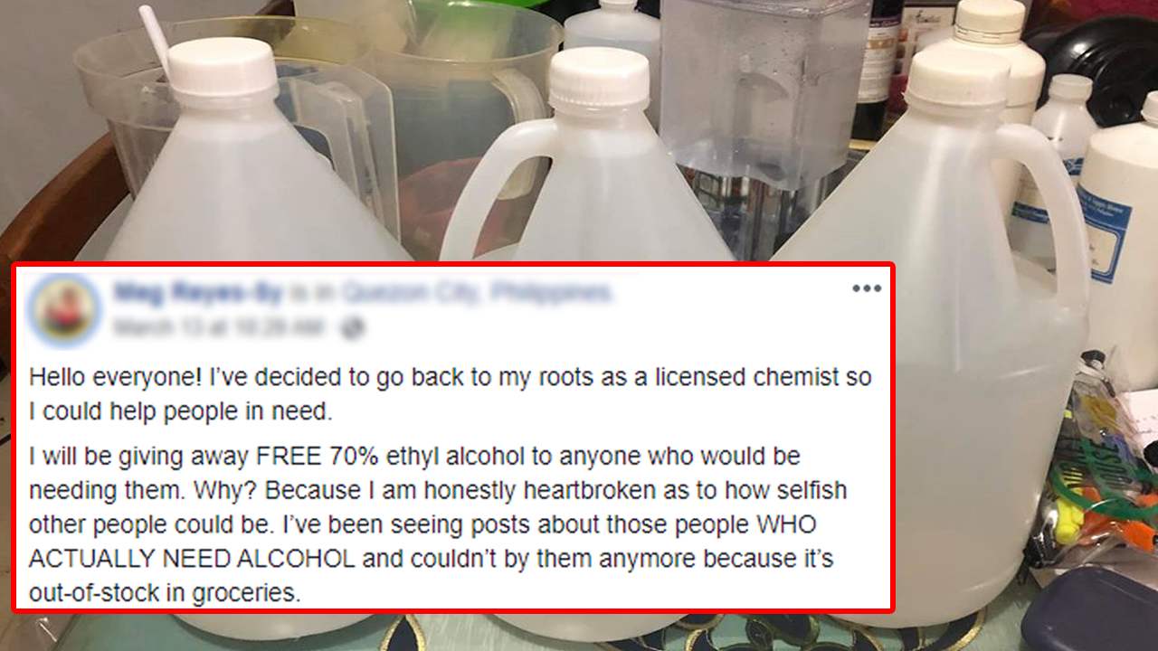 Pinay Chemist to Give Free Alcohol to People Unable to Buy Amid Shortage