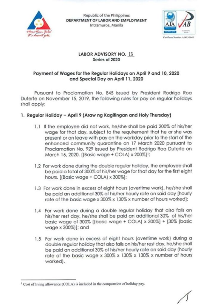 DOLE Reminds Employers on Holiday Pay