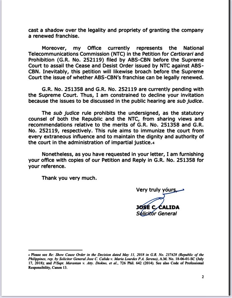 ABS-CBN Franchise calida letter