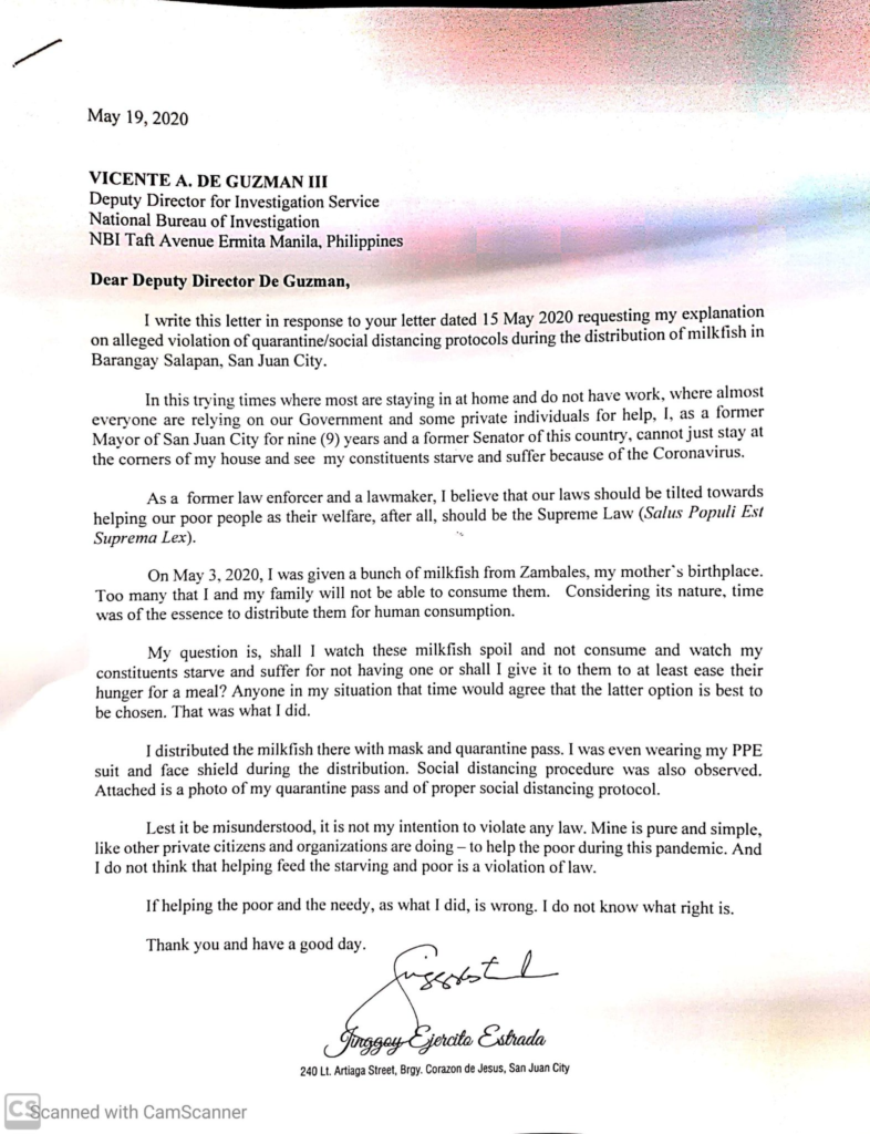 Jinggoy Estrada Explanation Letter On Alleged Quarantine Violations