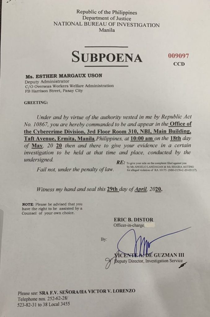 mocha uson subpoena NBI