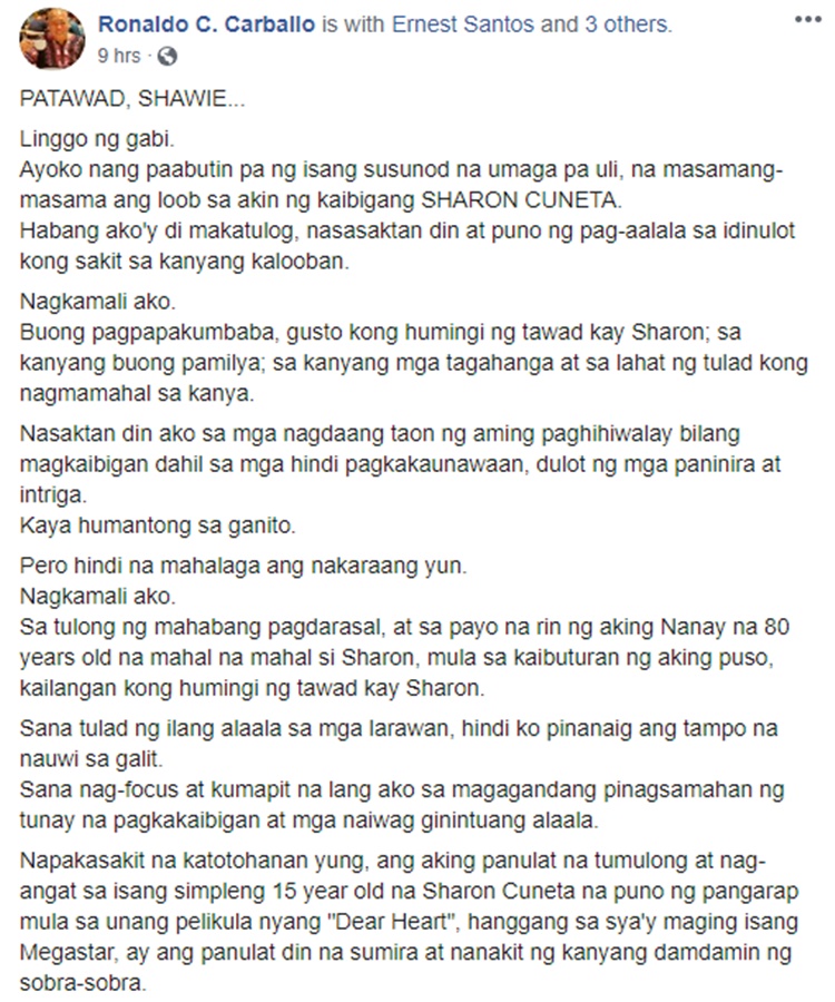 Sharon Cuneta: Ronaldo Carballo Apologizes After Shady Comments