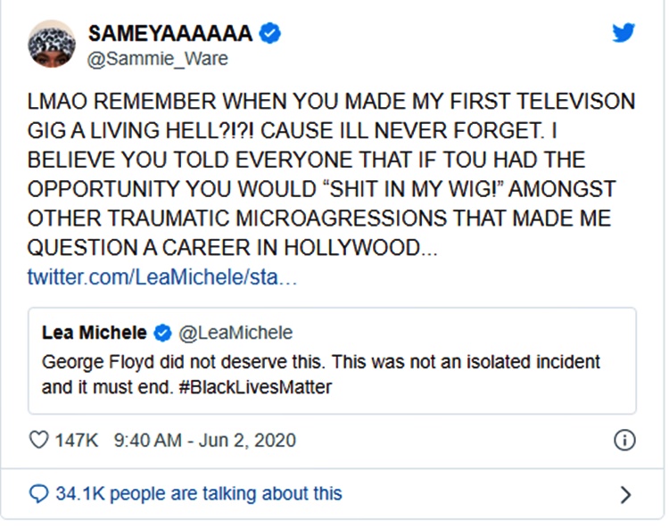 glee star lea michele samantha ware tweets