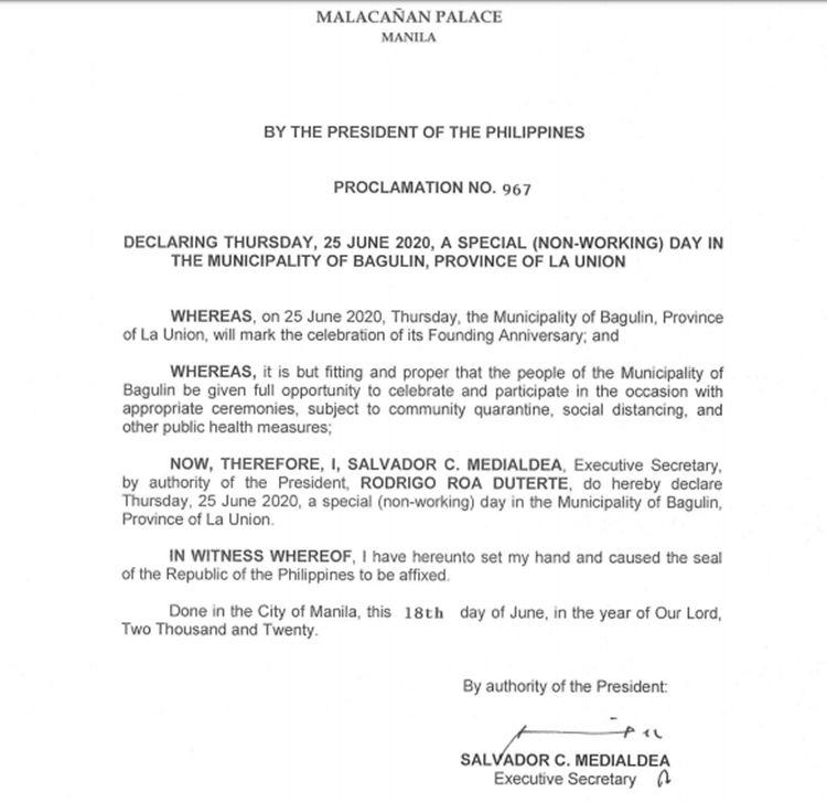 Malacanang Palace Declares June 25 As Special Holiday In This Area