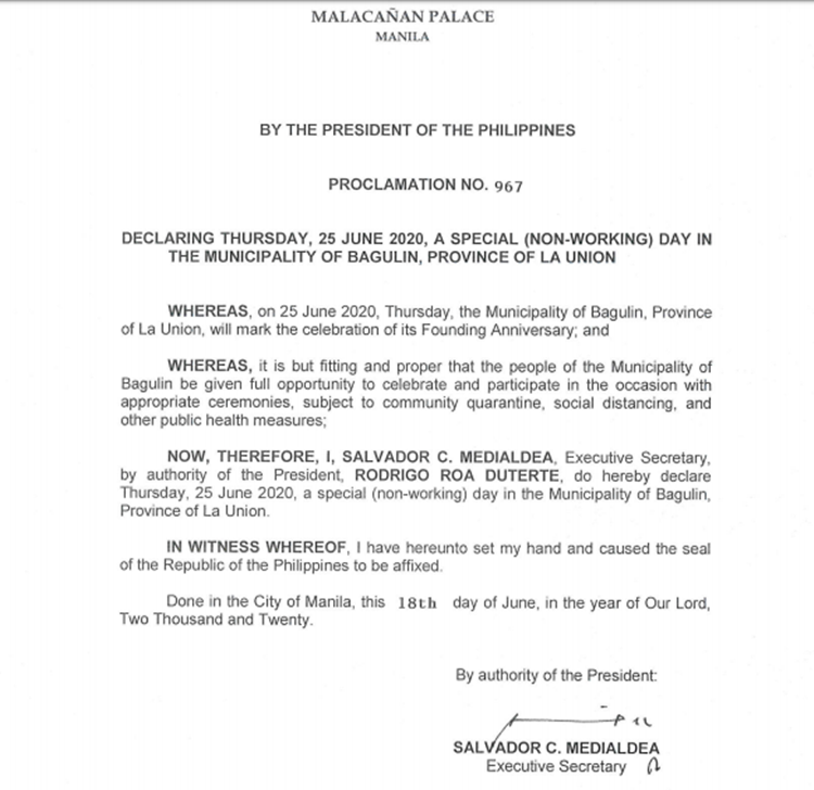 Malacañang Palace Declares June 25, 2020 as Special Holiday in This Area