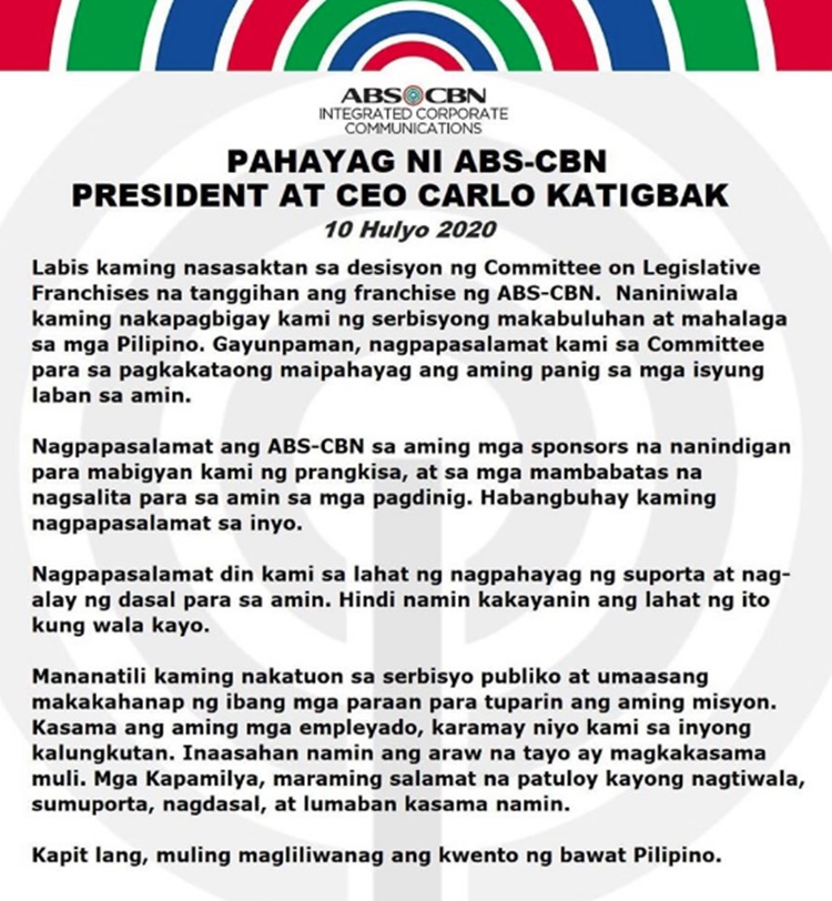 Carlo Katigbak Statement