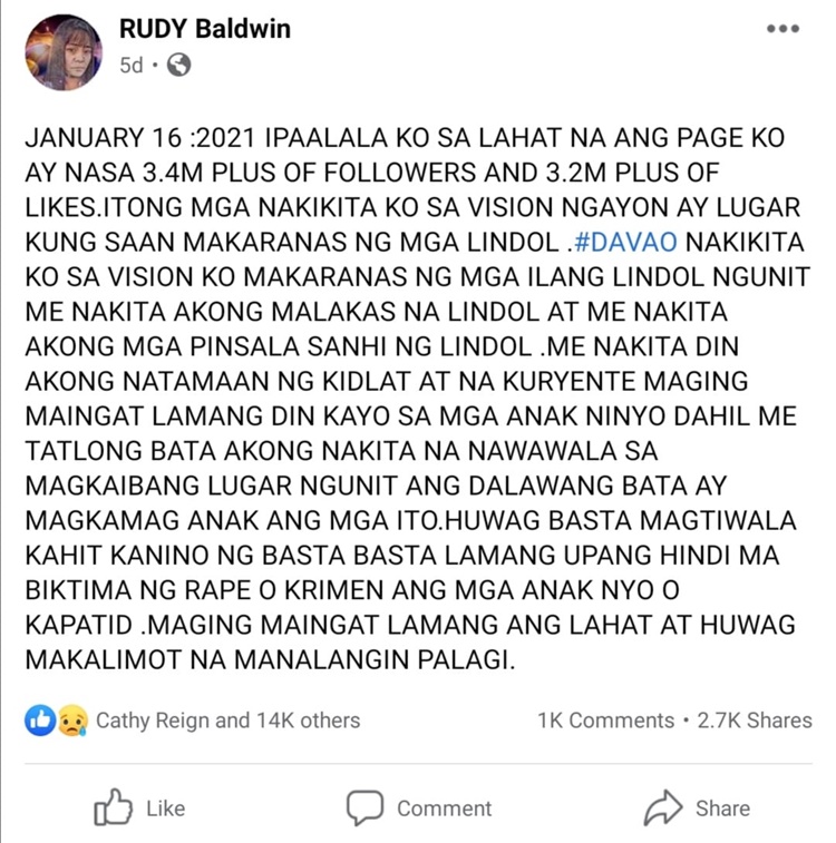 Rudy Baldwin Allegedly Predicts Powerful Quake in Davao a Few Days Before