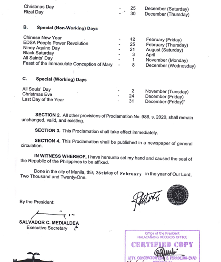 MayPasok November 2, December 24 & 31, 2021 Declared as Special