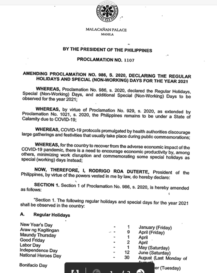 MayPasok November 2, December 24 & 31, 2021 Declared as Special