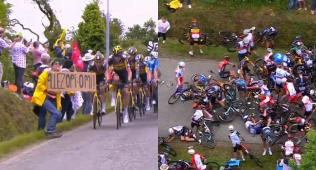 Cardboard Sign Causes Massive Crash During Tour de France