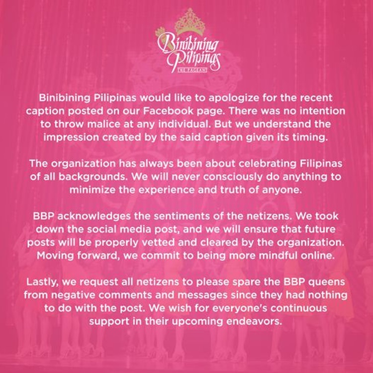 Binibining Pilipinas Issues Apology After ‘Natural Woman’ Post Criticized