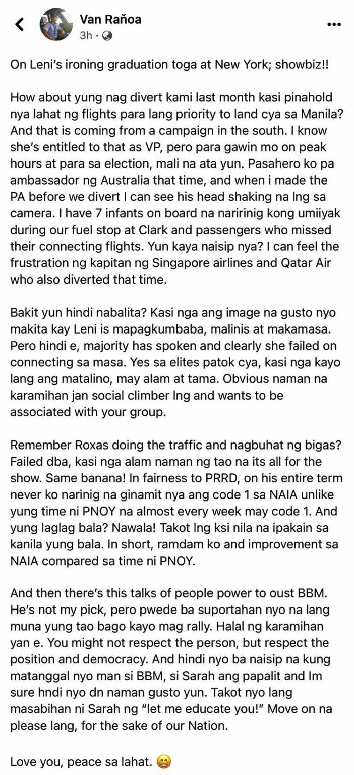 Cebu Pacific Releases Statement on Pilot’s Post Against VP Leni Robredo